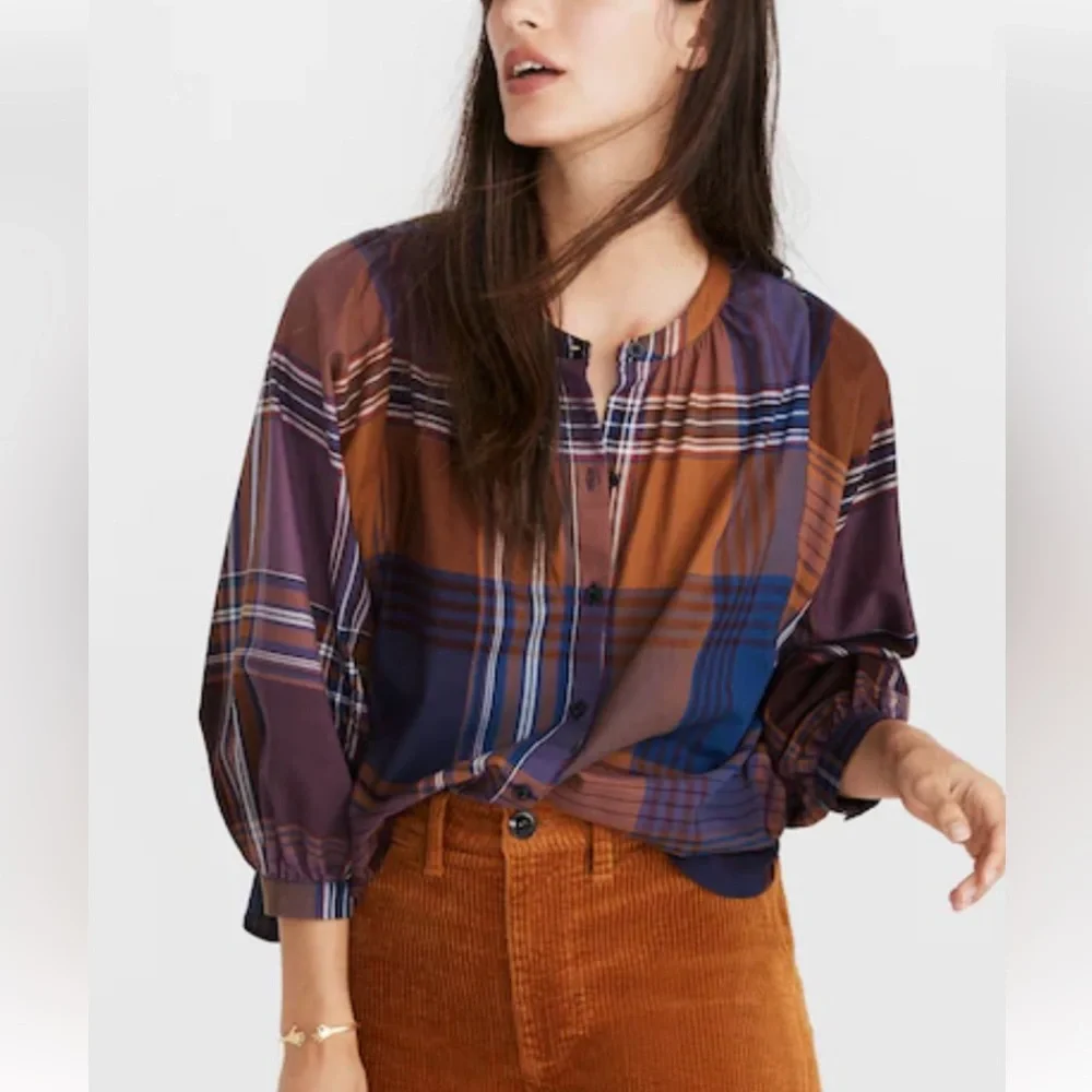 Madewell Plaid Peasant Top Button Down Oversized Small